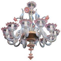 Large 12 Light Hand Blown Murano Glass Chandelier with a Little Pink Color