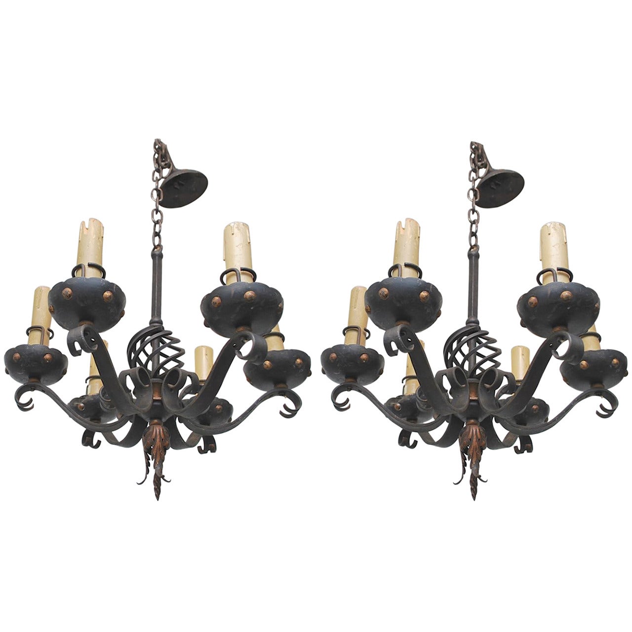 Pair of 1930 French Small Wrought Iron Chandeliers