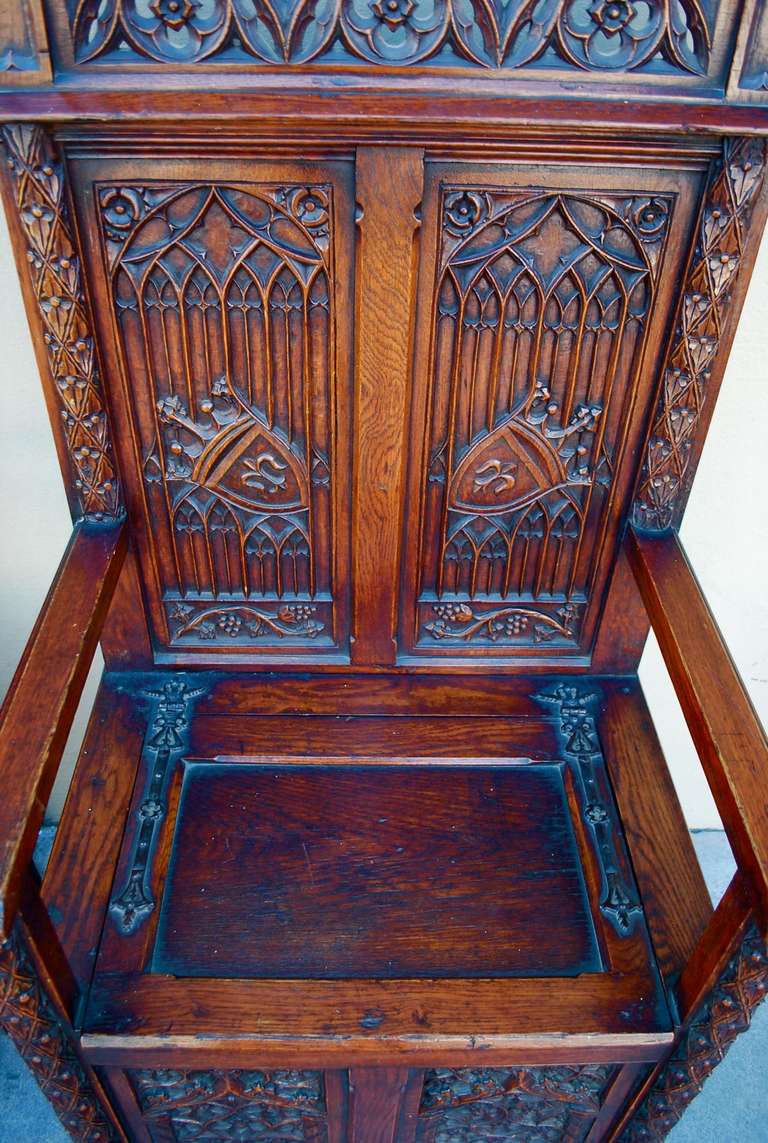 A beautiful and elegant pair of late 19 th century gothic chairs , they were mine for seventeen years, the details are beautiful, the picture speak for it self, the patina is so much nicer in person, I HAVE THEM IN MY STORAGE, PLEASE GIVE ME 24
