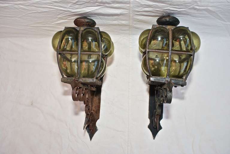 American Large Pair of Hand Blown Glass Outdoor Sconces