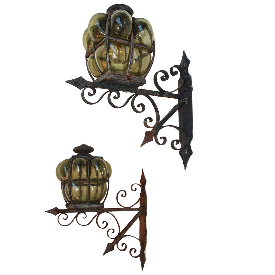 Large Pair of Hand Blown Glass Outdoor Sconces