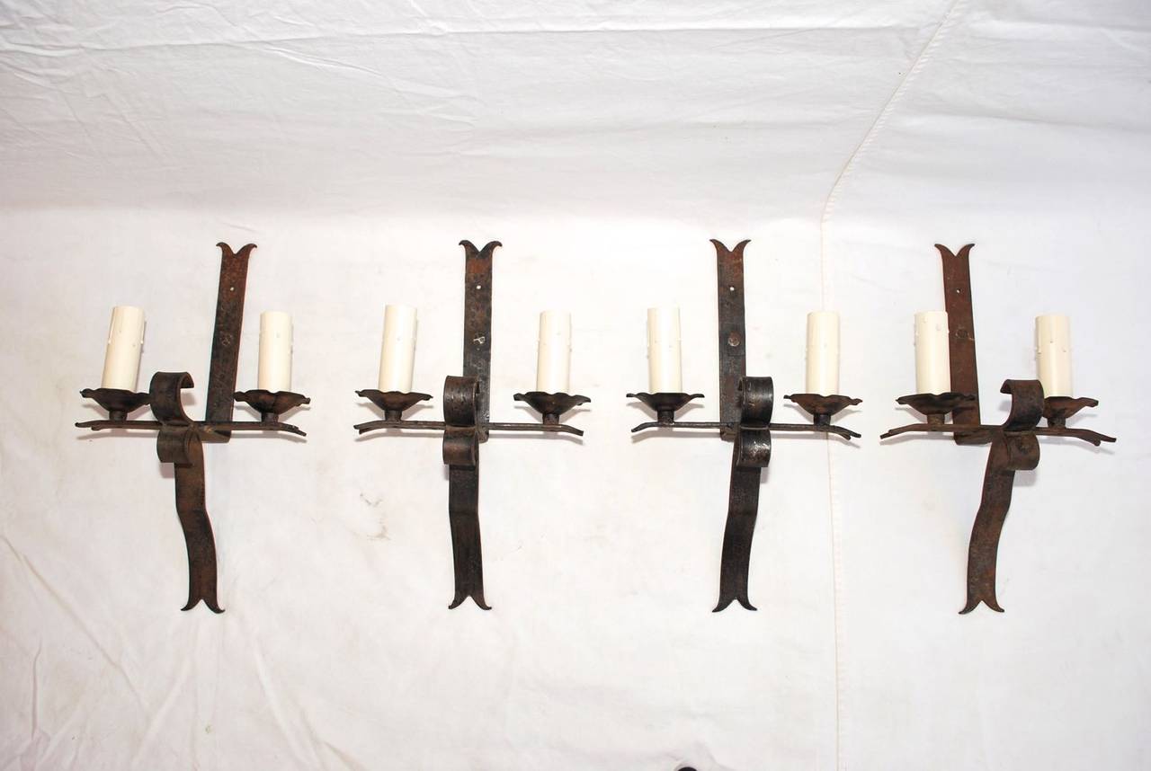 Spanish Colonial Set of Four Large French 1930 Handmade Wrought Iron Sconces( two are sold )