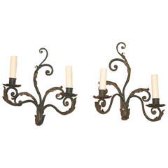 Beautiful Pair of French 1920 Dark Green Olive Color Wrought Iron Sconces