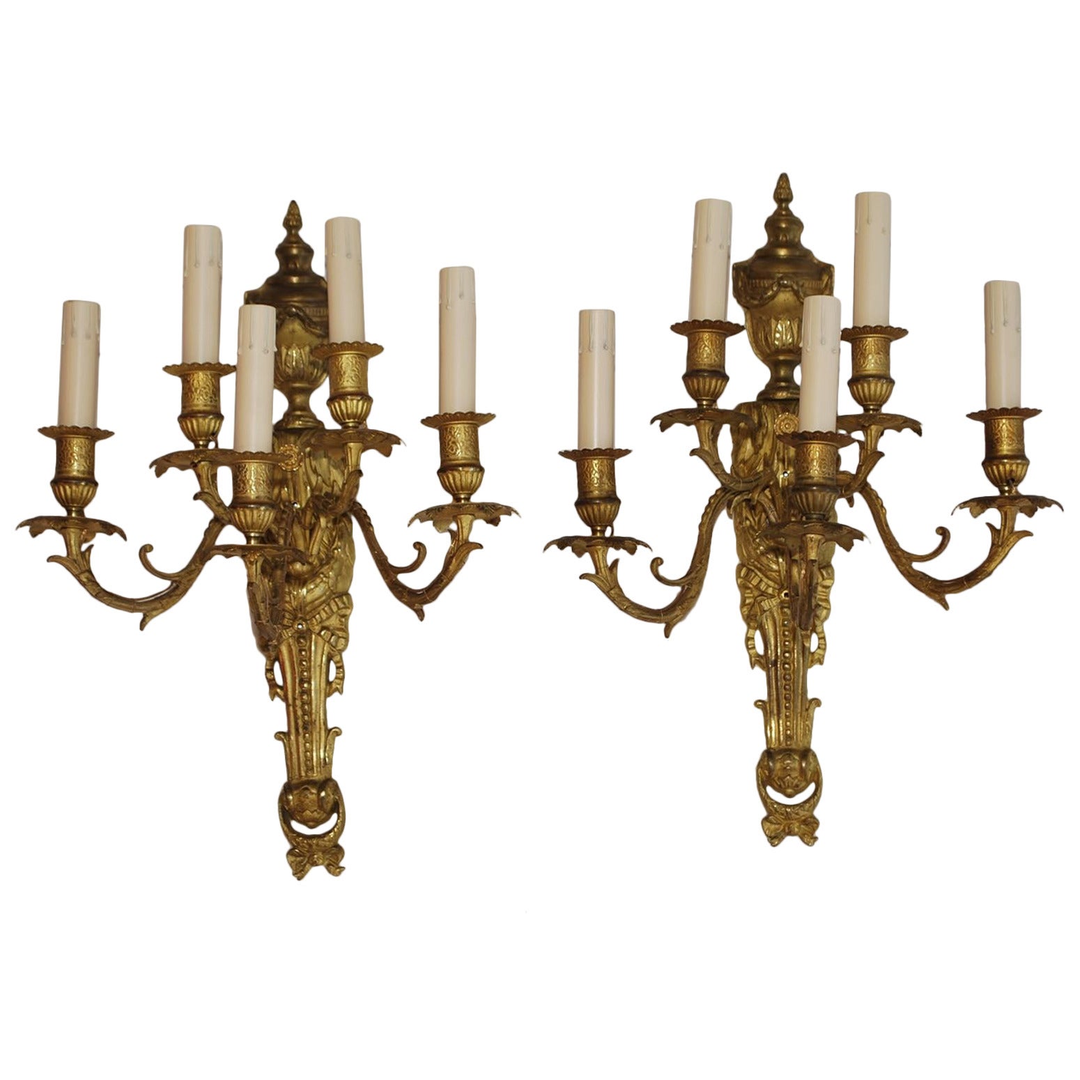 Large Pair of French 1920s Bronze Sconces in Louis XV Style