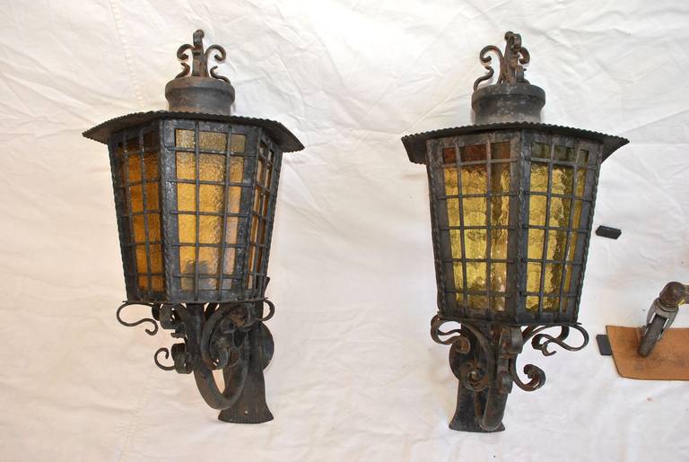 Antique Pair of Large French, 1940 Wrought Iron Outdoor Sconces In Good Condition In Los Angeles, CA