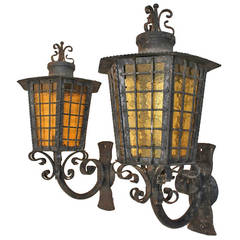 Antique Pair of Large French, 1940 Wrought Iron Outdoor Sconces