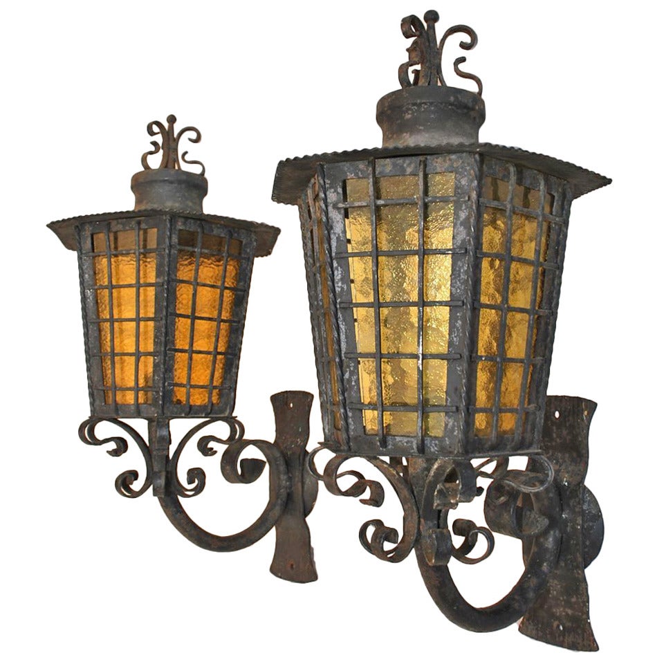 Antique Pair of Large French, 1940 Wrought Iron Outdoor Sconces