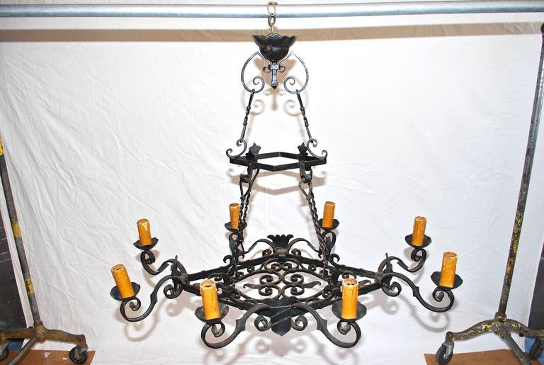 Large French Rectangular Wrought Iron Chandelier