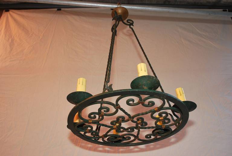 French 1930 Dark Green, Wrought Iron Chandelier In Good Condition In Los Angeles, CA