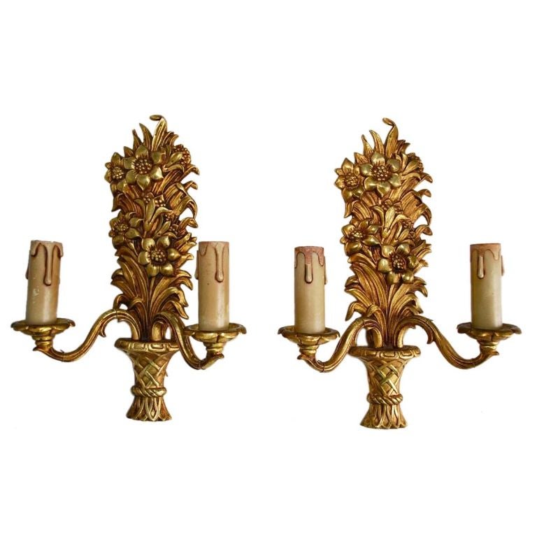 Antique pair of French bronze  sun flowers sconces For Sale