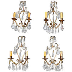 Antique Set of Four 1920 French Bronze and Crystal Sconces