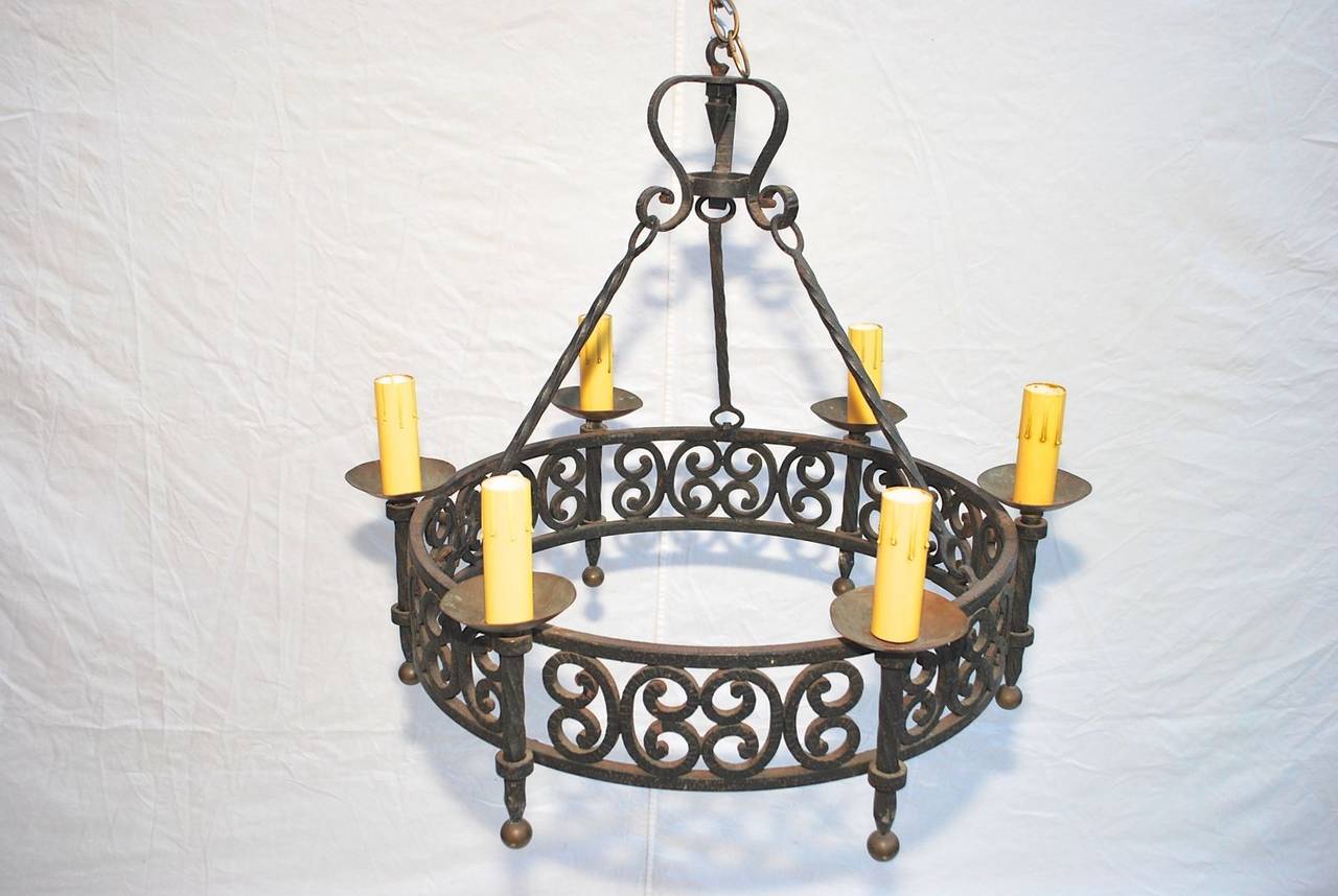 French 1920 Hand-Hammered Wrought Iron Chandelier