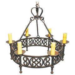French 1920 Hand-Hammered Wrought Iron Chandelier