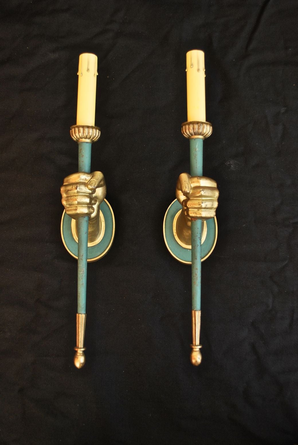 European Antique Pair of French Solid Bronze Hands Sconces, Possibly Andre Arbus