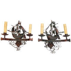 Antique Pair of Wrought Iron Sconces with Sail Boat