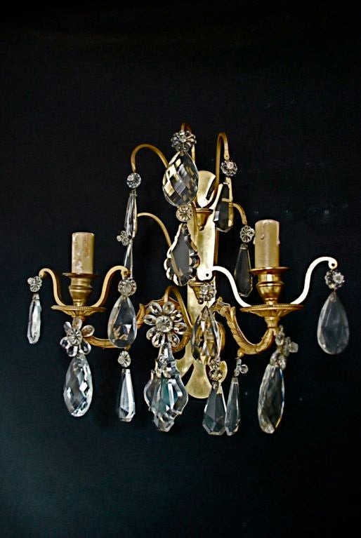 pair of French bronze/crystal  sconces attributed to  bagues In Good Condition For Sale In Los Angeles, CA
