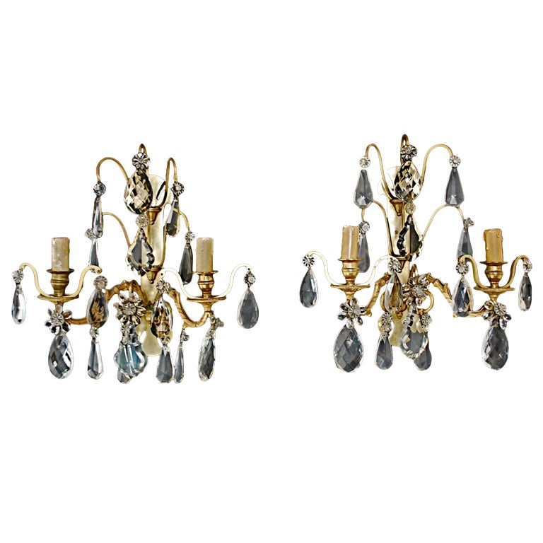 pair of French bronze/crystal  sconces attributed to  bagues For Sale