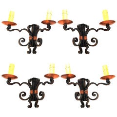 Antique set of four French wrought iron /copper sconces