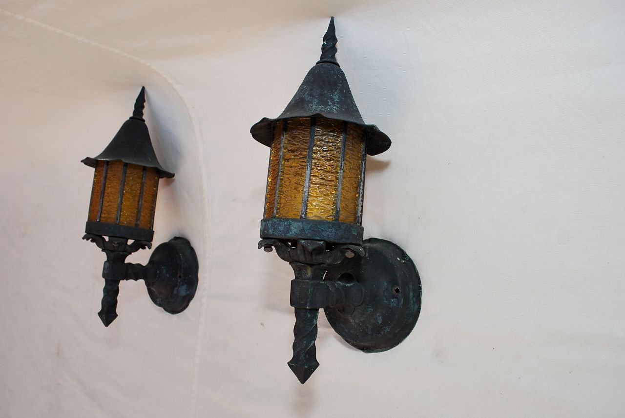Antique pair art and craft/crafman/english tudor copper outdoor sconces