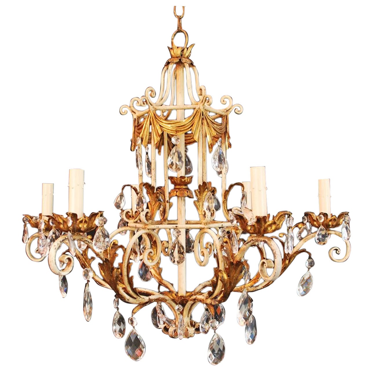 1950 Italian Wrought Iron and Crystal Chandelier For Sale