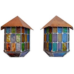 Antique Pair of Stain Glass Outdoor Sconces