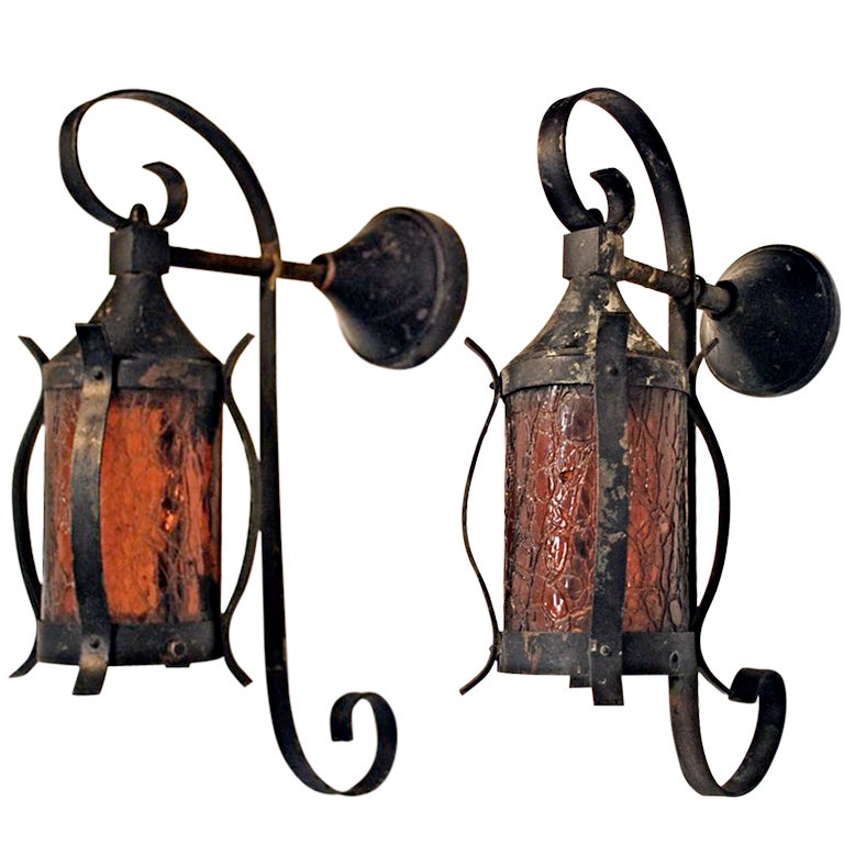 Antique Pair of Wrought Iron Outdoor Sconces