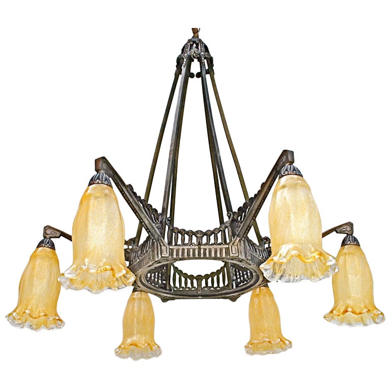 French Art Deco Chandelier With Murano Glass For Sale