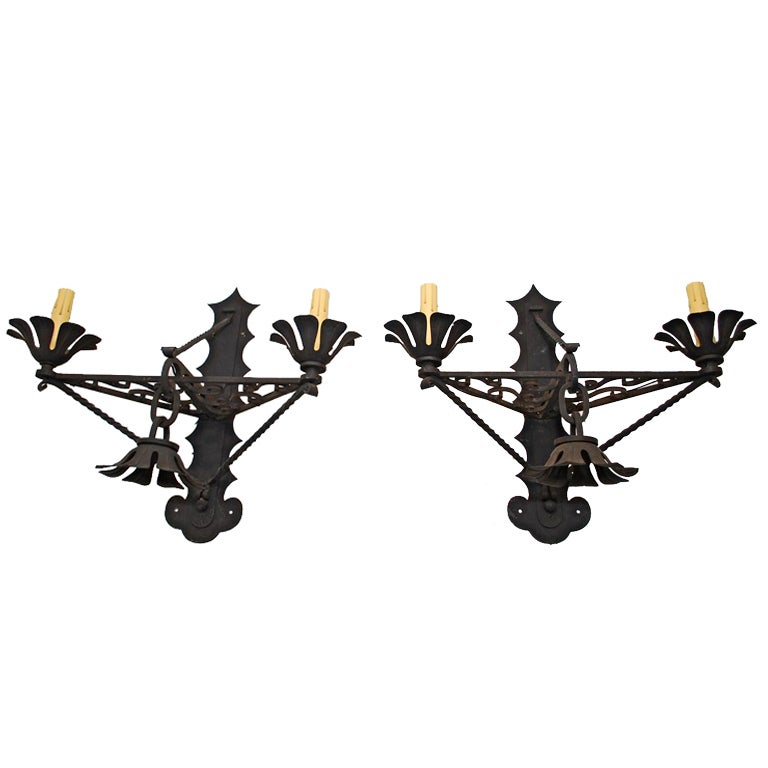 Very Large Antique Pair of French Wrought Iron Sconces For Sale