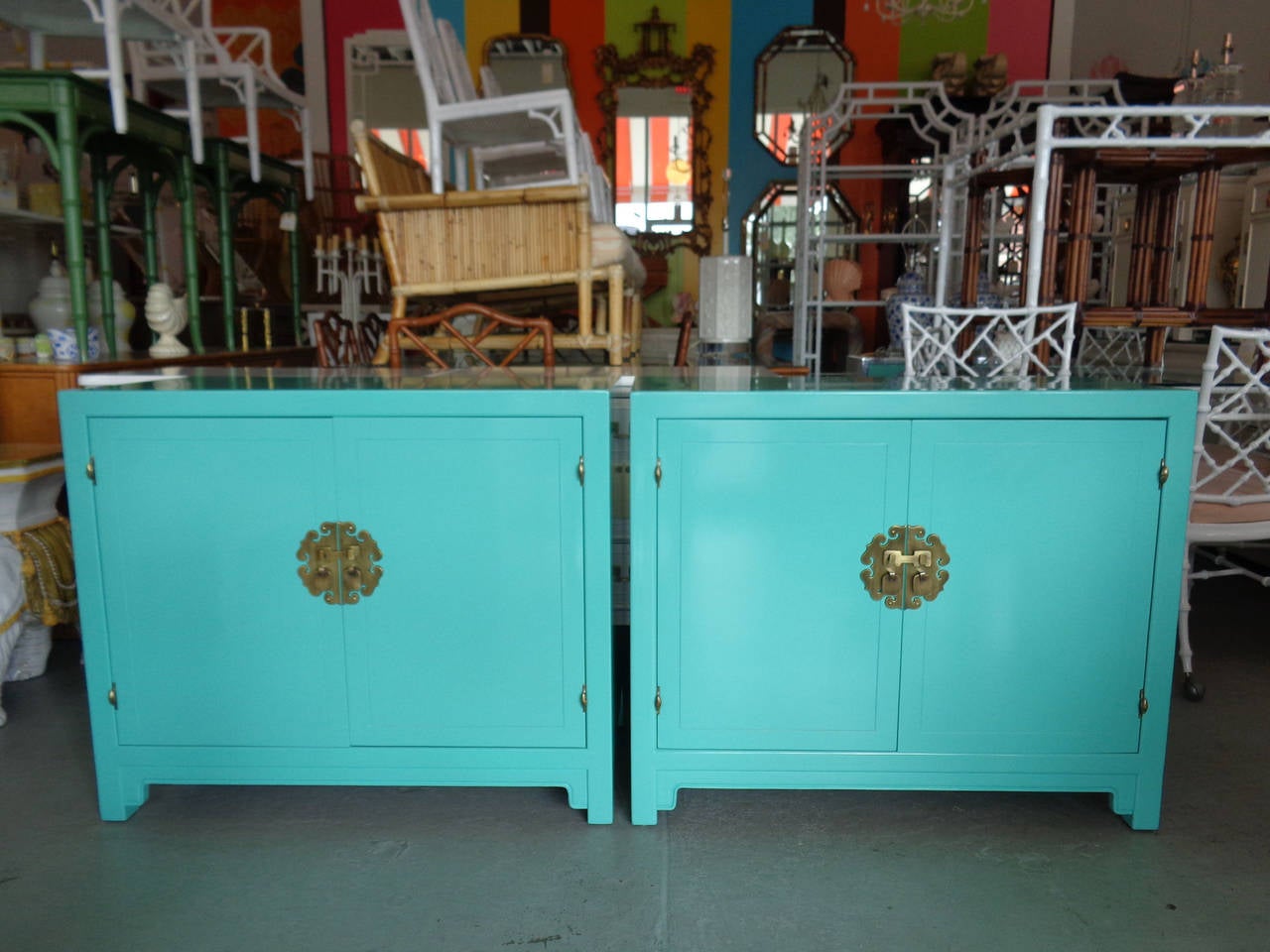 Pair of MING Style Cabinets in nice as found VINTAGE condition. There are imperfections to the NEWLY lacquered finish. Benjamin Moore Capri Seas