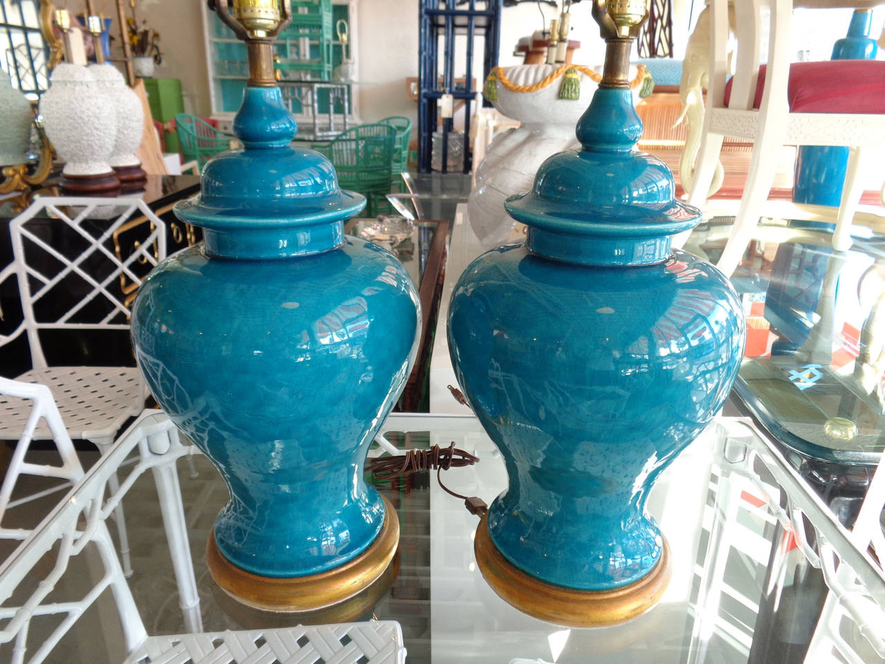 Pair of Turquoise Crackle Glaze GINGER JAR Lamps in nice as found VINTAGE condition. There are minor imperfections to the finish from age. The lamps have the original wiring and no shades.