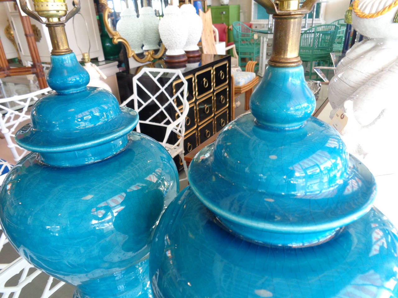 American Pair of Turquoise Crackle Glaze Ginger Jar Lamps
