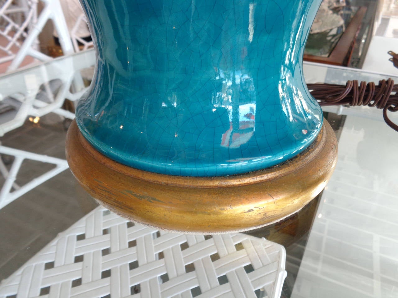 Glazed Pair of Turquoise Crackle Glaze Ginger Jar Lamps