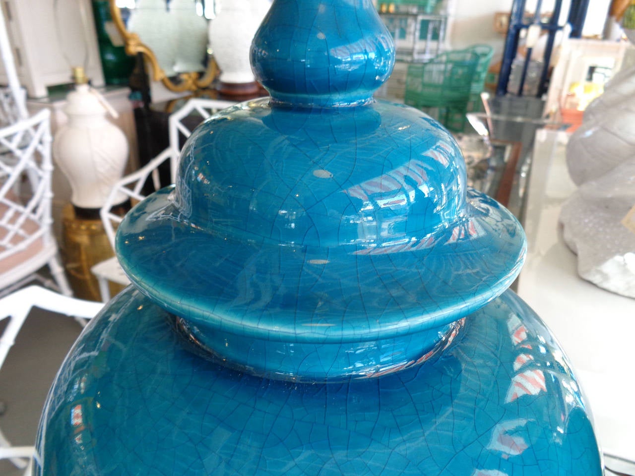 20th Century Pair of Turquoise Crackle Glaze Ginger Jar Lamps