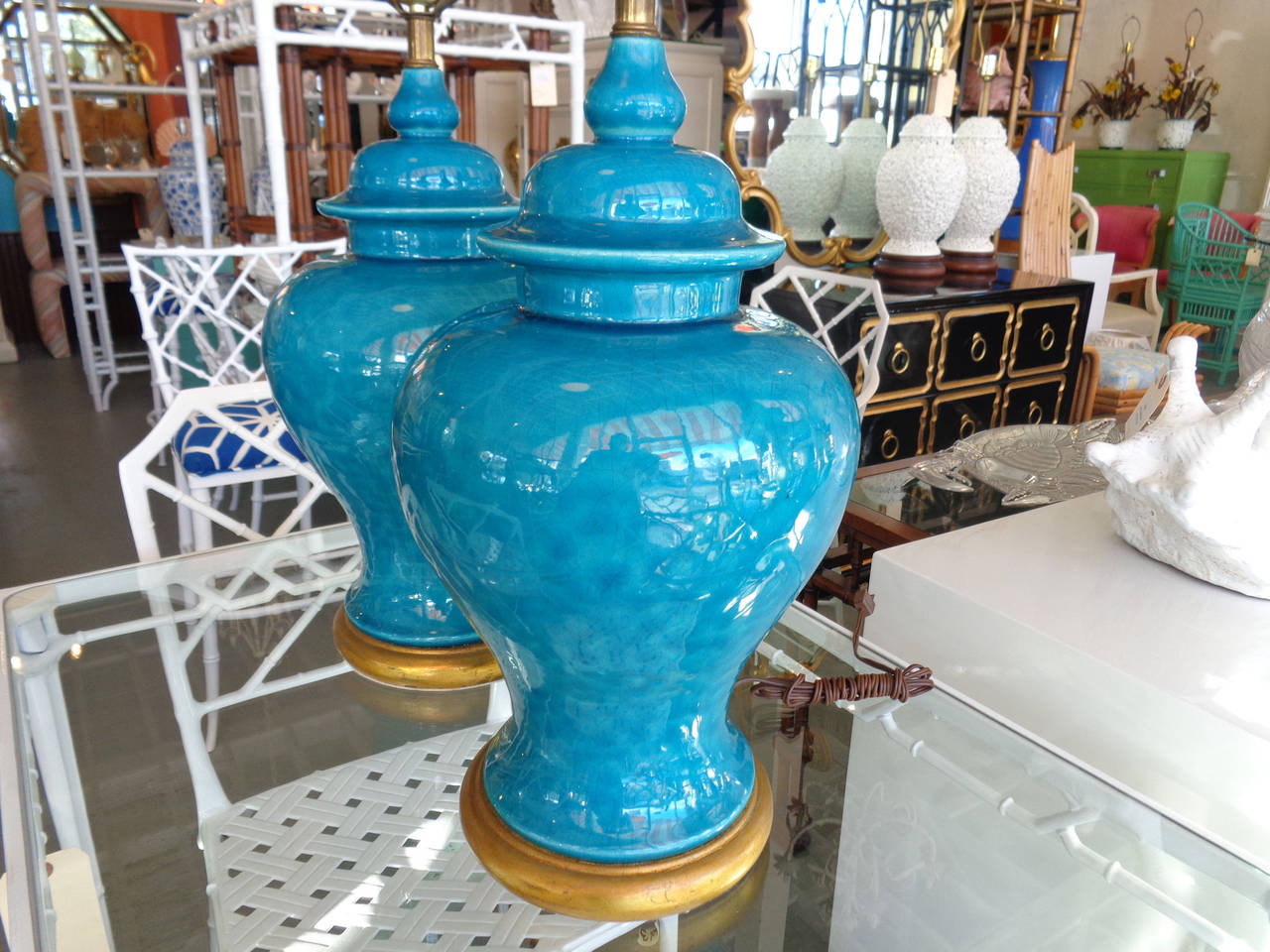 Ceramic Pair of Turquoise Crackle Glaze Ginger Jar Lamps
