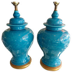 Pair of Turquoise Crackle Glaze Ginger Jar Lamps