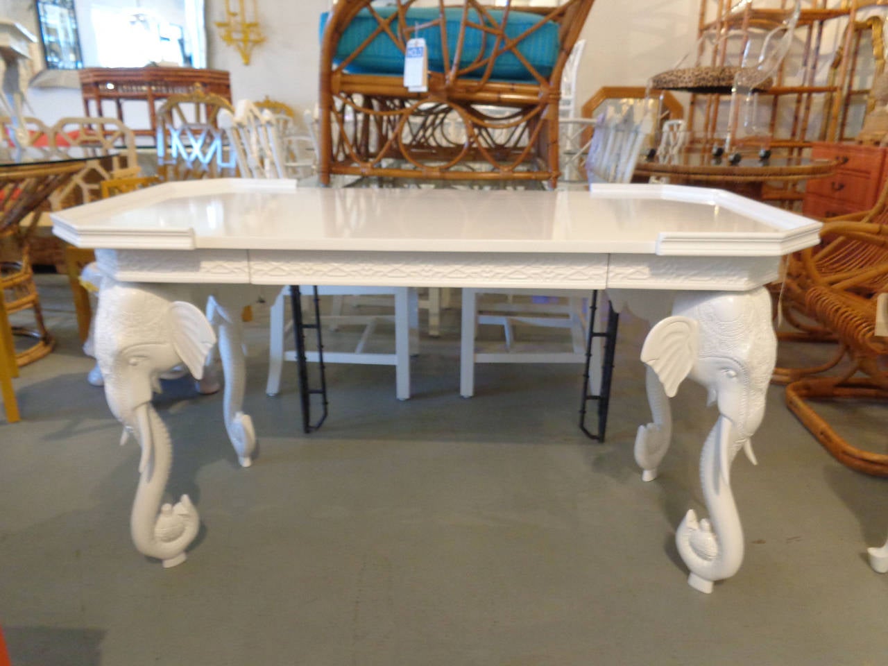 Hollywood Regency Style Gampel Stoll Fretwork Elephant desk NEWLY lacquered white.