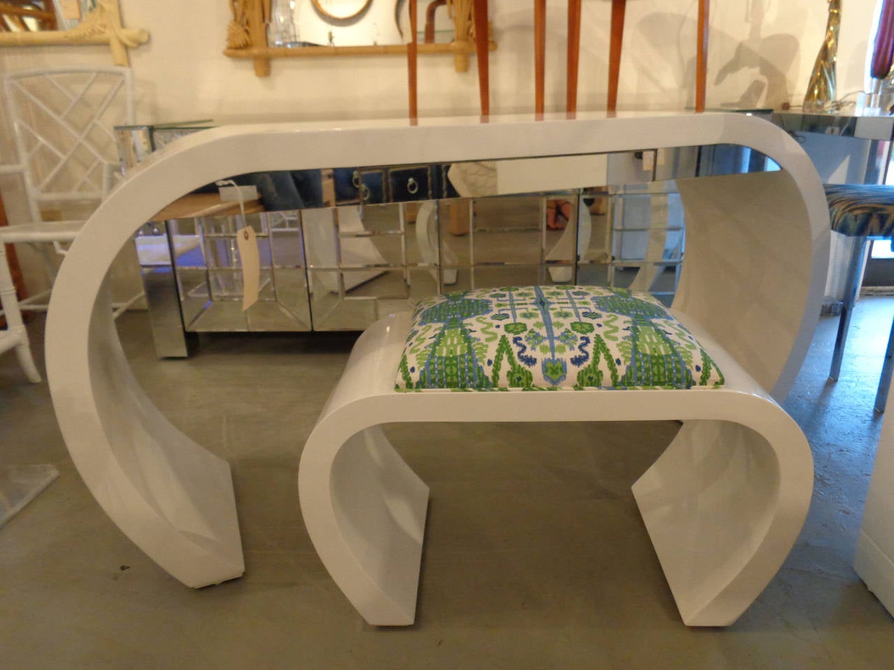 MODERN 20th Century Console / Desk with Bench in nice as found VINTAGE condition. There are imperfections to the NEWLY lacquered finish and minor mercury loss to the mirrored drawer. Seat is NEWLY upholstered.