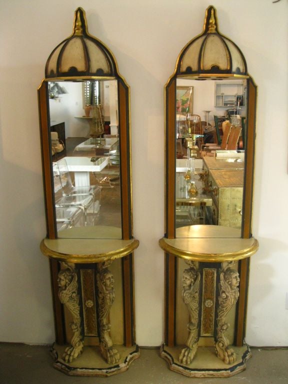 Pair of Phyllis Morris Consoles w/mirrors and canopy lights with signature.<br />
<br />
keywords:  Hollywood Regency