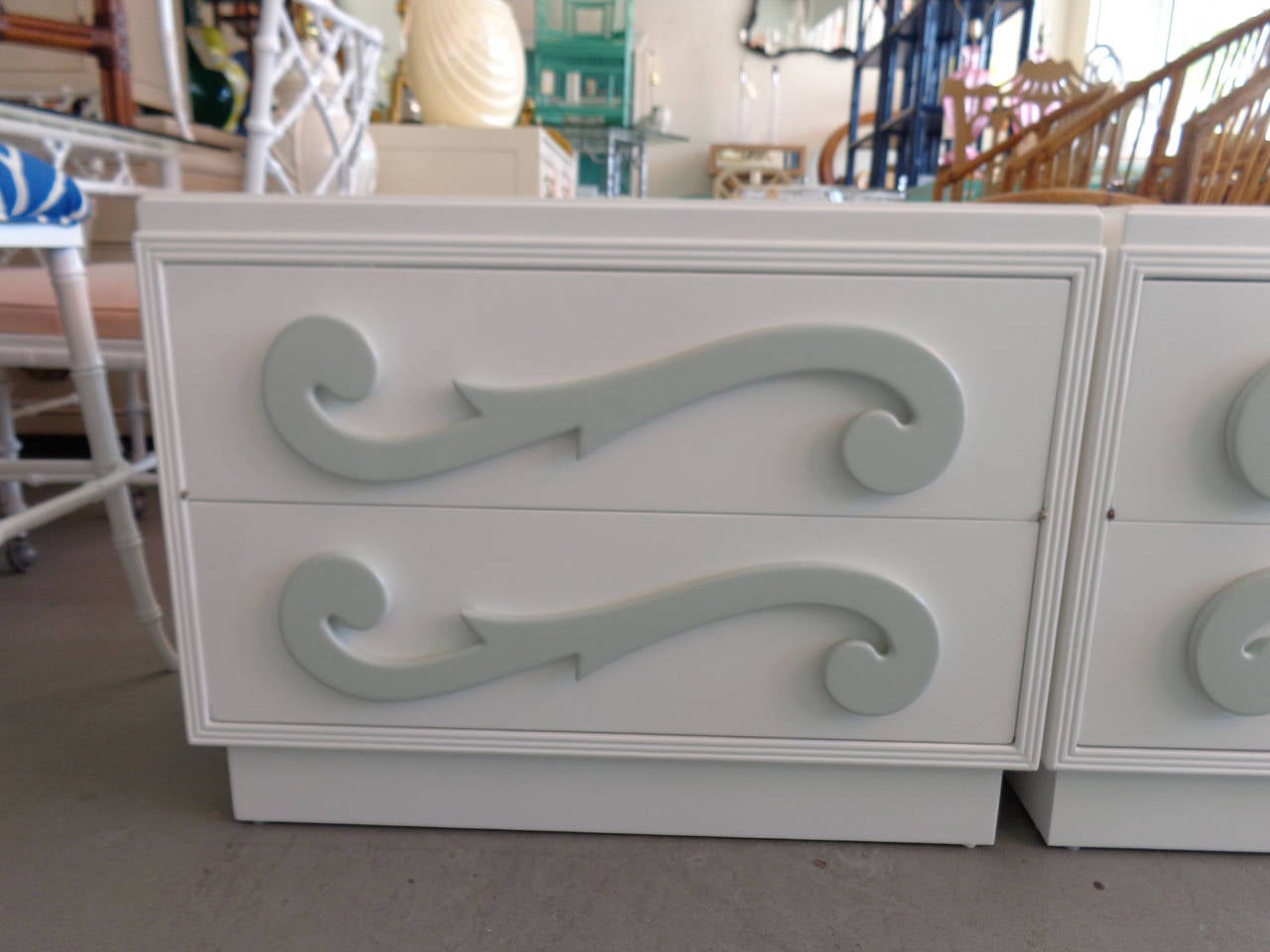 Pair of Hollywood Regency Style Nightstands in nice as found VINTAGE condition. There are imperfections to the NEWLY lacquered finish. Pulls can be removed to be lacquered in any color:)