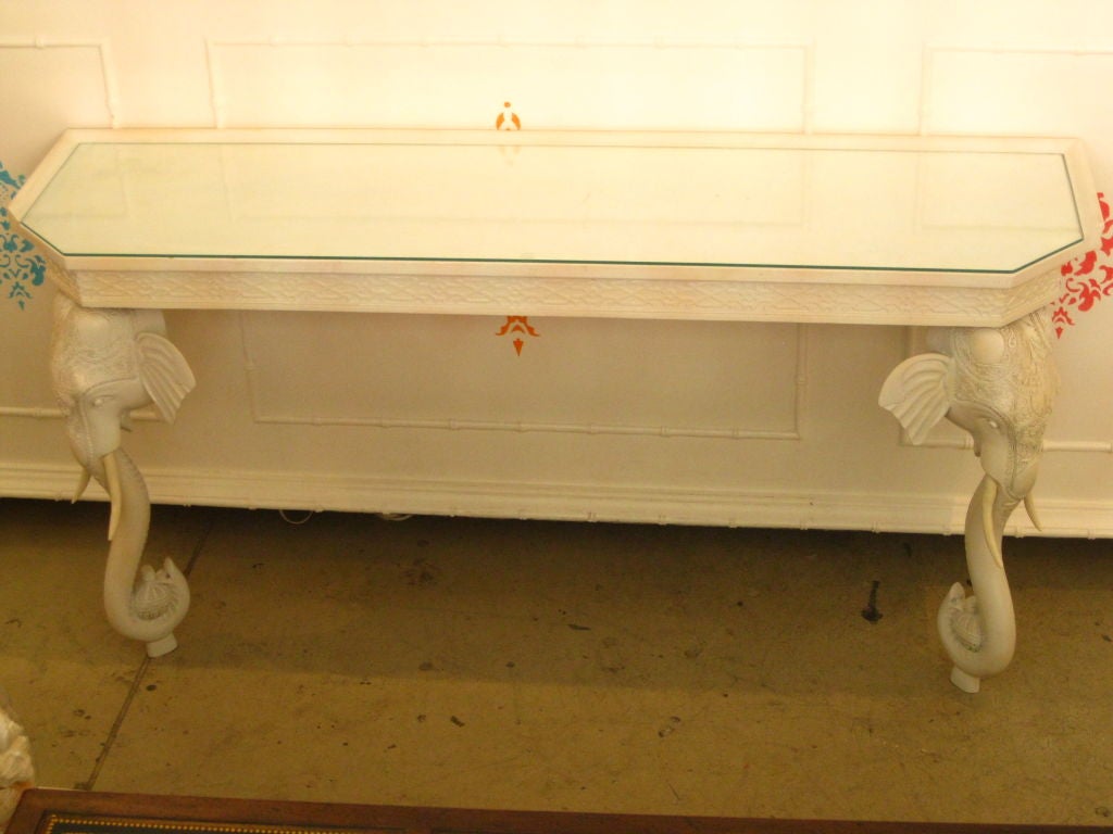 Elephant Console Table with fretwork details.<br />
<br />
keywords:  Hollywood Regency, Fretwork, Elephants, Carved, Console, Table