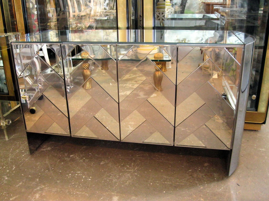 Mirrored Chevron Credenza with 4 doors.<br />
<br />
keywords:  Evans, Ello, Directional, cabinet