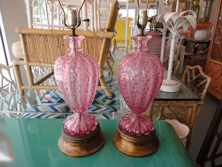 Pair of Pink MURANO Glass Lamps in nice as found VINTAGE condition