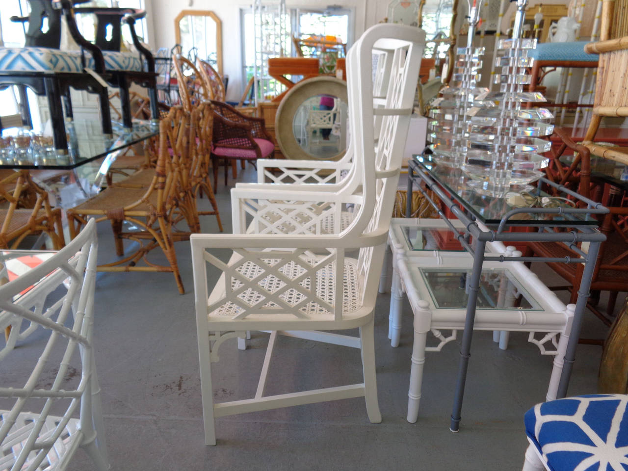 Pair of Hollywood Regency Style Fretwork Wing Chairs In Good Condition In West Palm Beach, FL