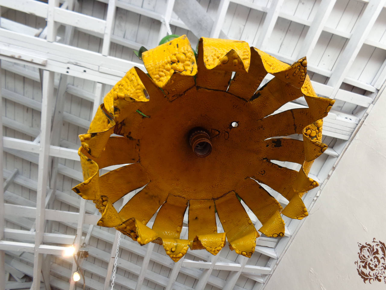 20th Century Garland Enameled Copper Sunflower Hanging Light Fixture