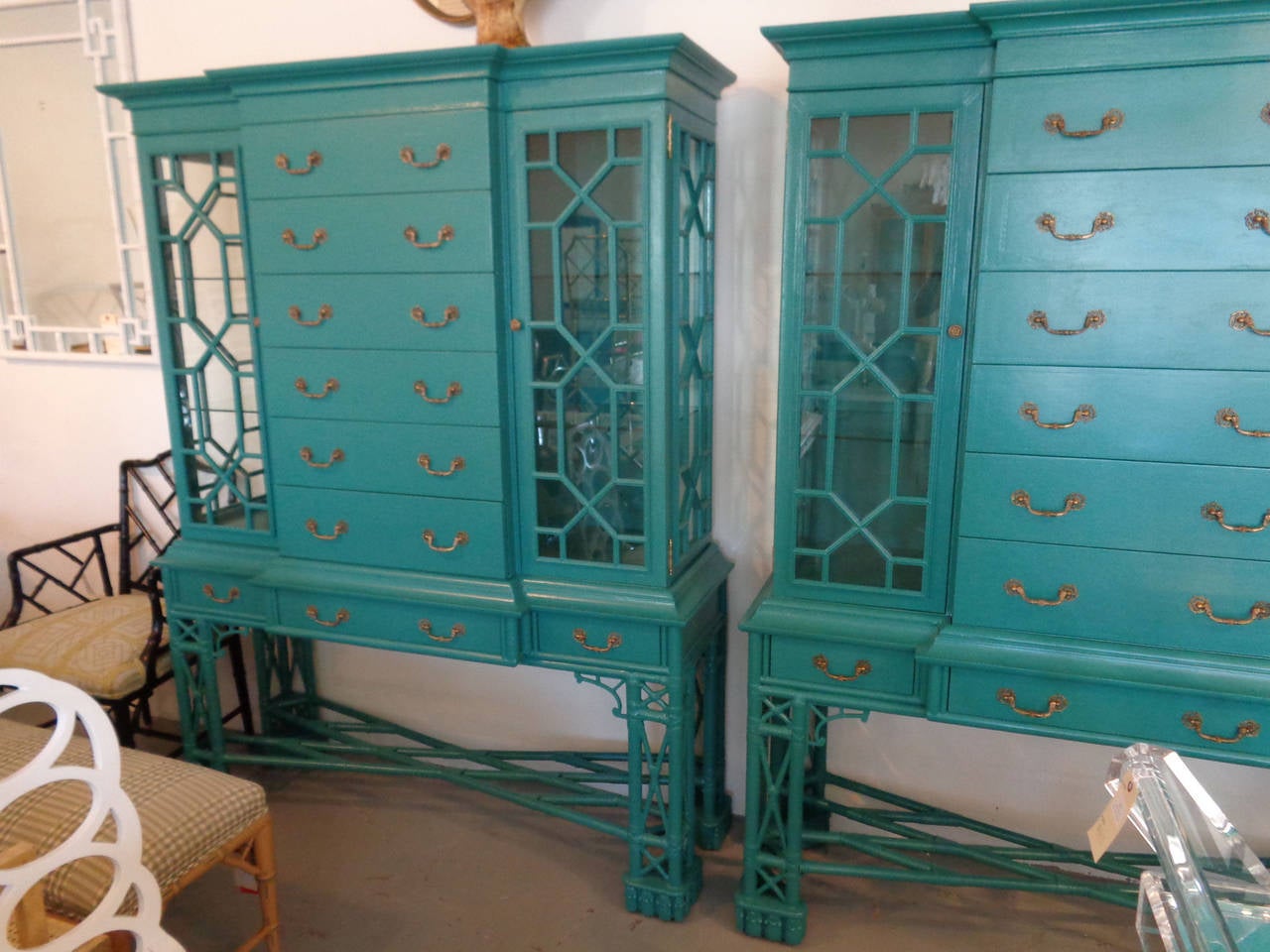Maitland Smith CHIPPENDALE Style Cabinets in nice as found VINTAGE condition. There are imperfections to the NEWLY painted Tropical Turquoise finish. Drawer fronts are painted leather. Cabinet is mahogany. (see detail photos) New glass on fretwork