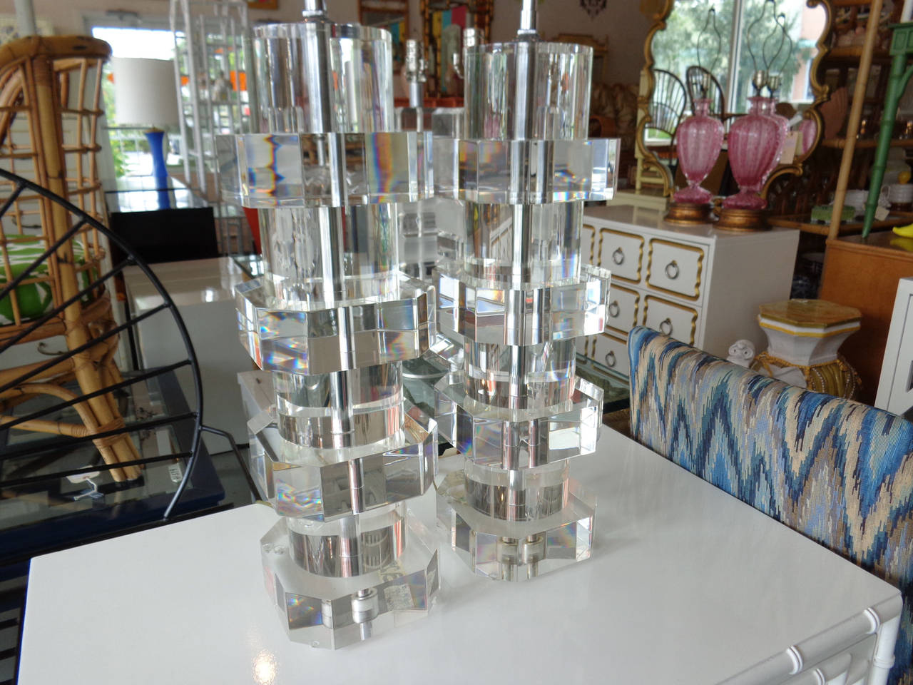 20th Century Pair of Thick Lucite Stack Lamps