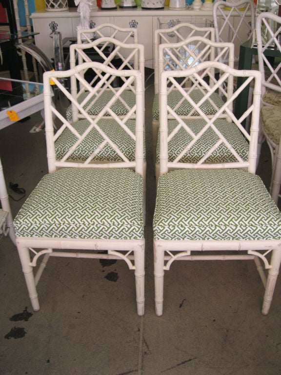 Set of 6 Faux Bamboo Chippendale Side Chairs in nice as found VINTAGE condition.  The seats have been reupholstered.<br />
<br />
keywords:  Hollywood Regency, Fretwork, Chinese Chippendale, Faux Bamboo, Vintage