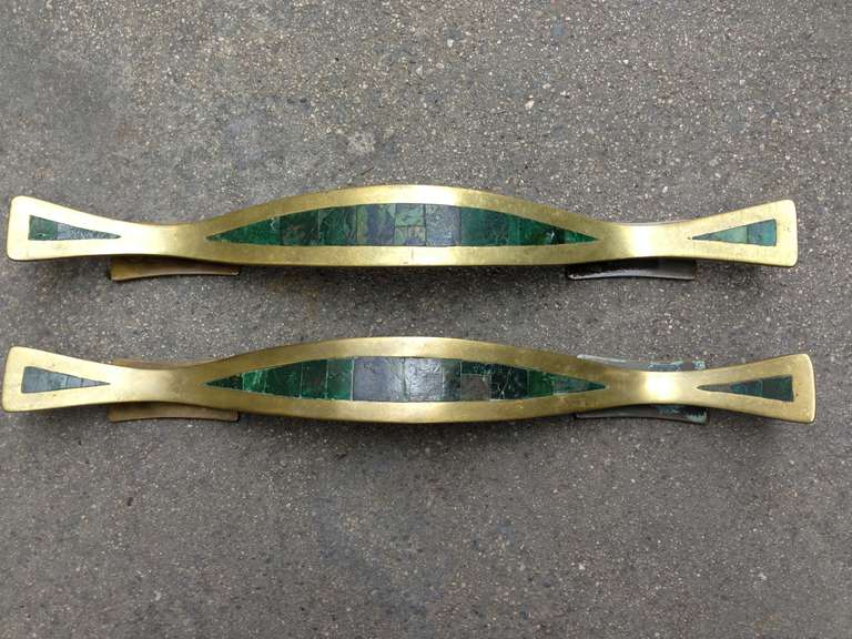 Brass and Malachite stone curvilinear door handles. Substantial and beautiful statement pieces. Mexico, 1950s. 
