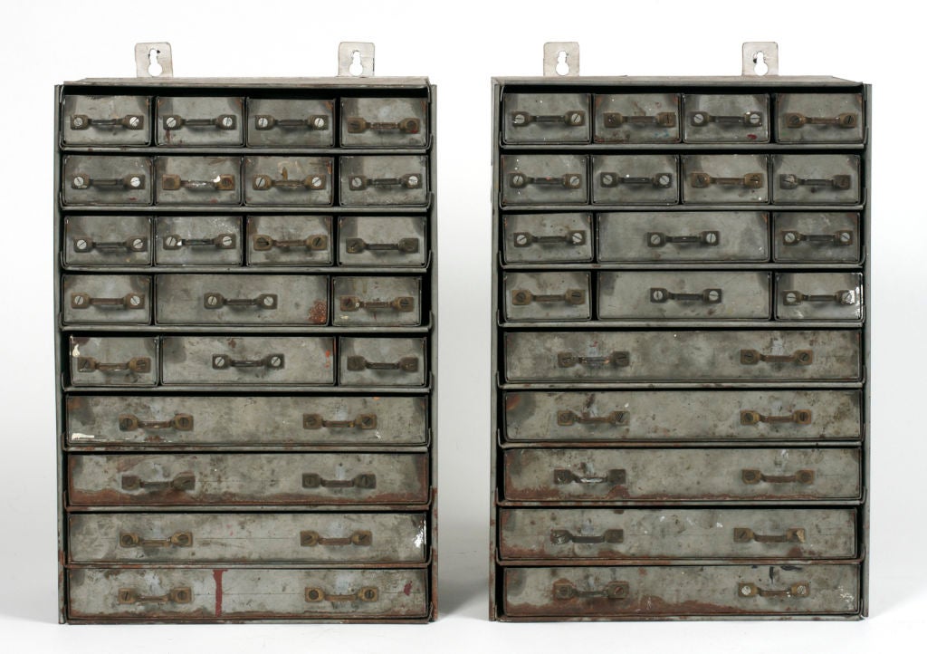 FREE STANDING OR WALL MOUNTED VINTAGE METAL MULTI DRAWER CABINETS. SOLD INDIVIDUALLY.