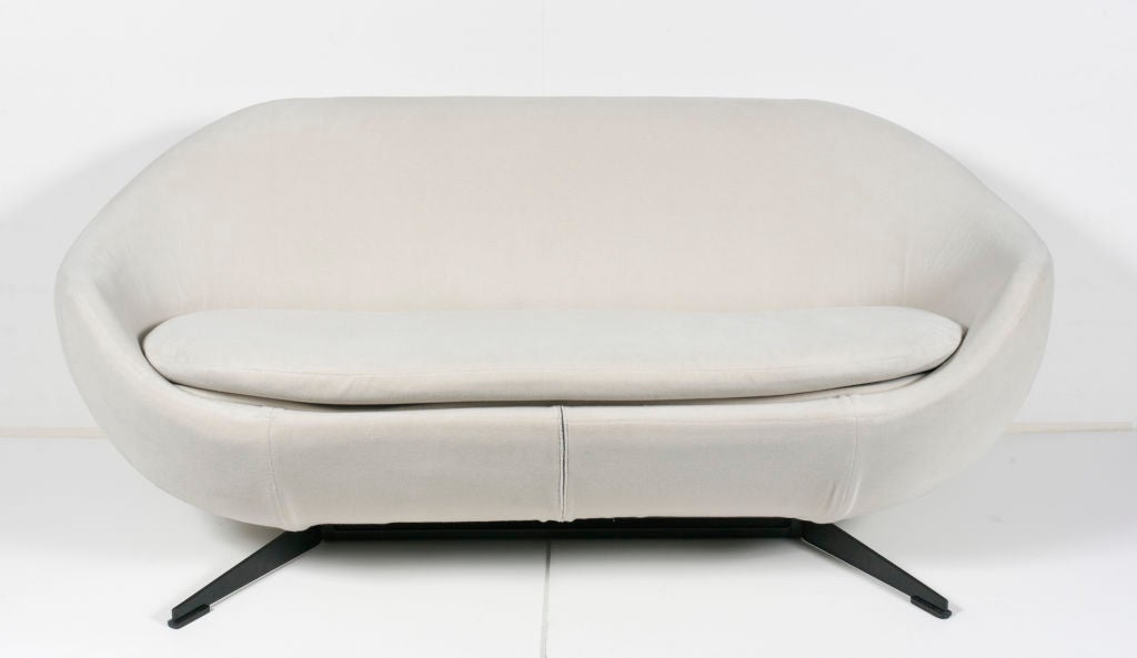 PIERRE GUARICHE SOFA, REUPHOLSTERED IN A OFF WHITE SHORT MOHAIR.    METAL BASE.